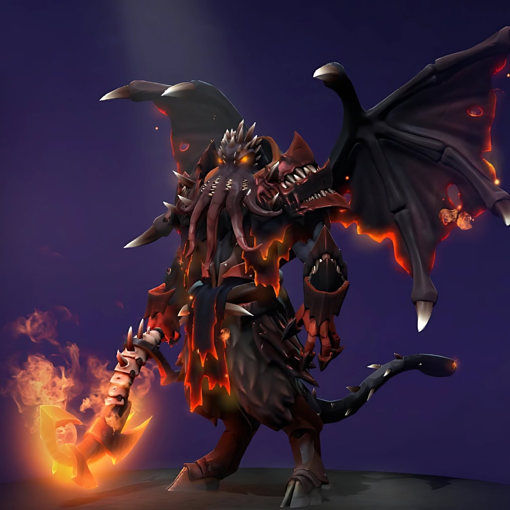 Doom's "Dawn of a Darkness Foretold" Diretide 2022 Collector's Cache II set. This Mythical cosmetic transforms Doom into a terrifying eldritch entity, featuring a Lovecraftian-inspired headpiece with writhing tentacles and magma-lit eyes. His body is encased in spiked, magma-forged armor plates that glow from within, and he wields a serrated infernal greatsword burning with a constant fiery particle effect, completing his imposing winged silhouette.