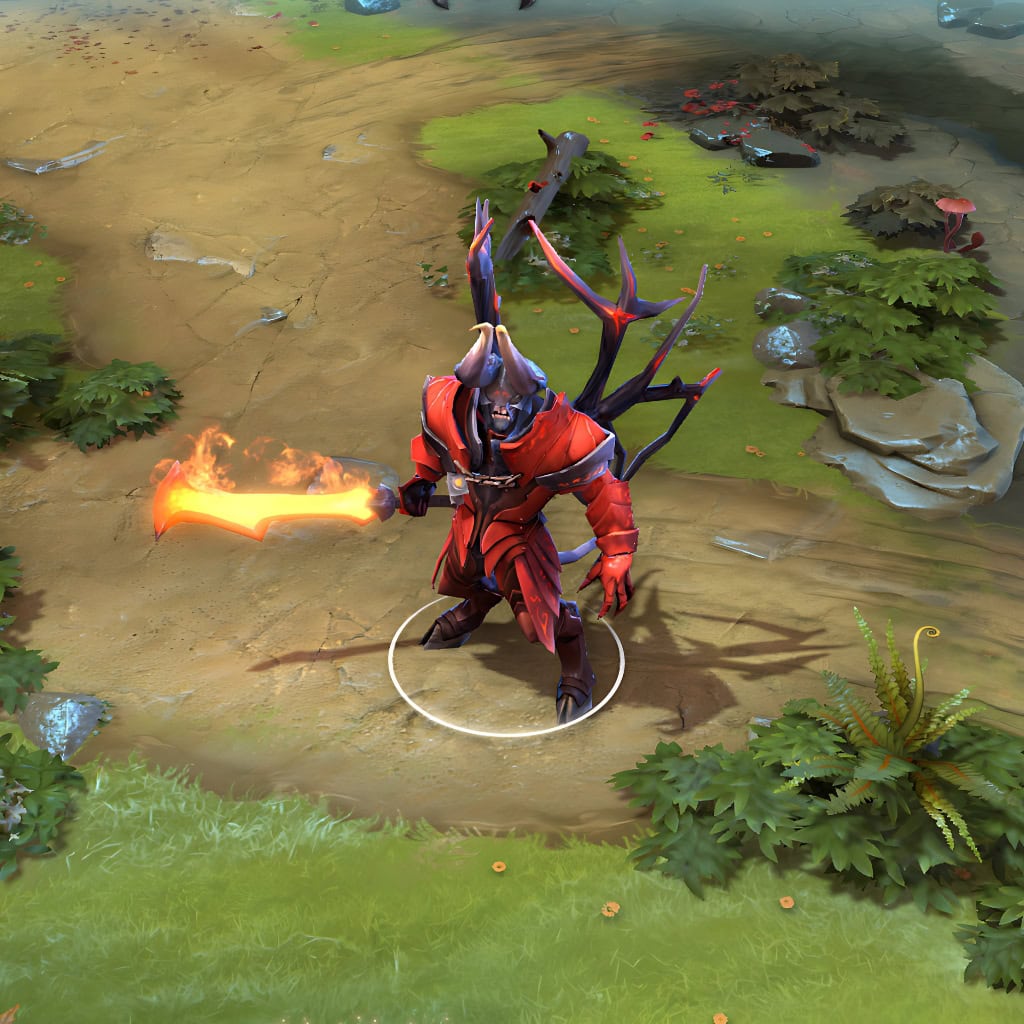 A gameplay screenshot of Doom's default model in Dota 2. This serves as a baseline to contrast with the complete armored overhaul and imposing demonic knight silhouette of the Dread Ascendance cosmetic set.
