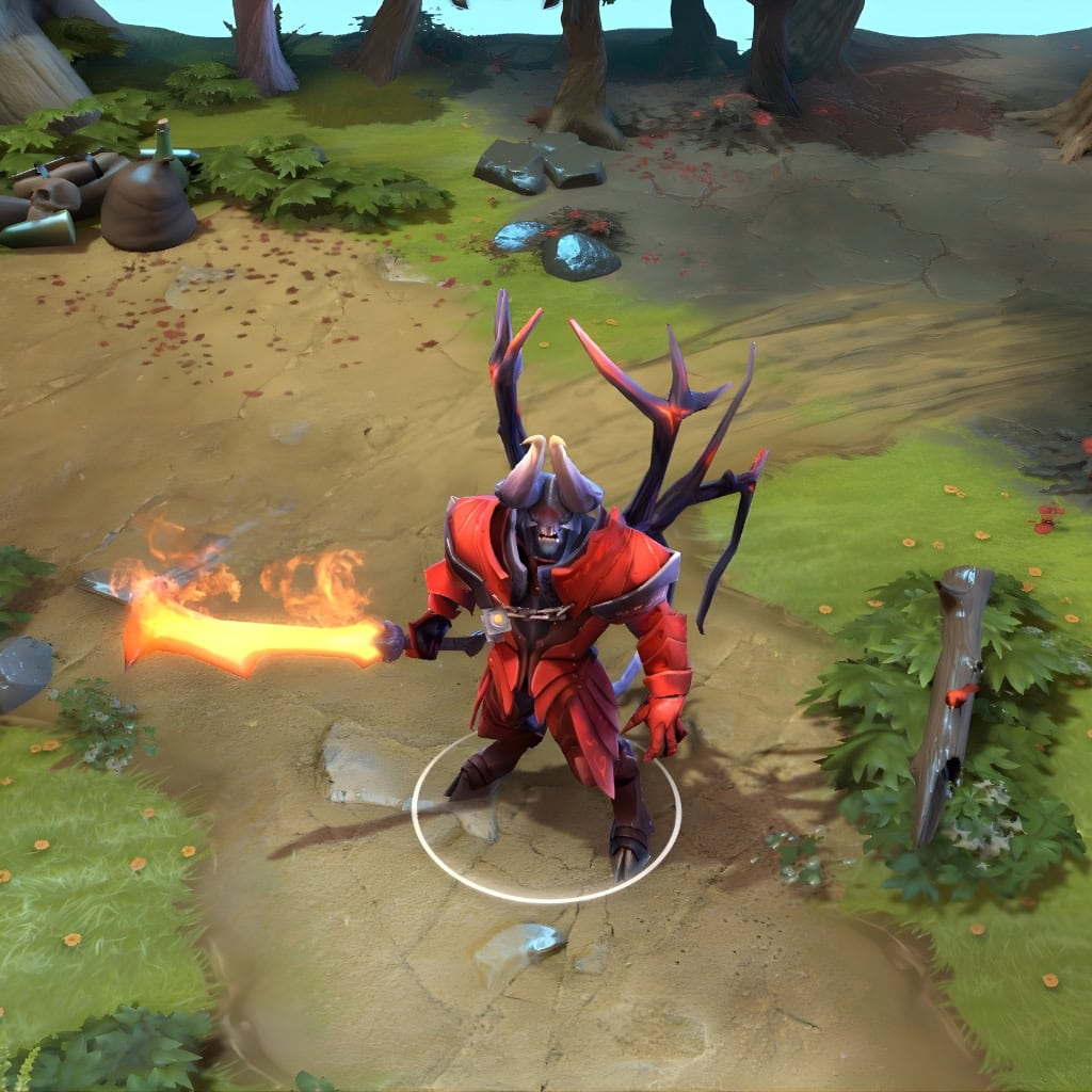 A gameplay screenshot of Doom's default model in Dota 2. This serves as a baseline to contrast with the terrifying, infernal aesthetic and unique flaming effects of the rare Fires of Vashundol set from The International 2015 Collector's Cache.