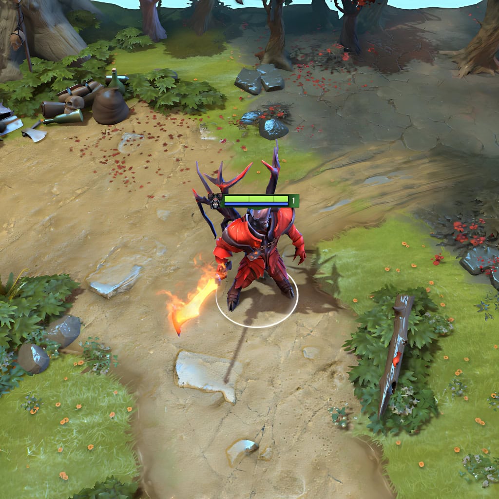 A gameplay screenshot of Doom's default model in Dota 2. This serves as a baseline to contrast with the enhanced in-game visuals and striking particle effects of the Wrath of the Fallen cosmetic set.
