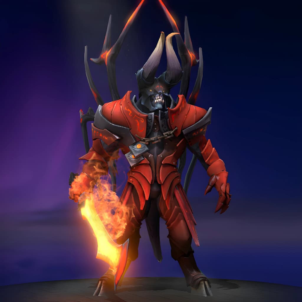 The default skin of Doom, for comparison with the Fires of Vashundol set from The International 2015 Collector's Cache. This highlights the complete transformation into an infernal tyrant with a horned helm, flaming wings, and a molten blade.