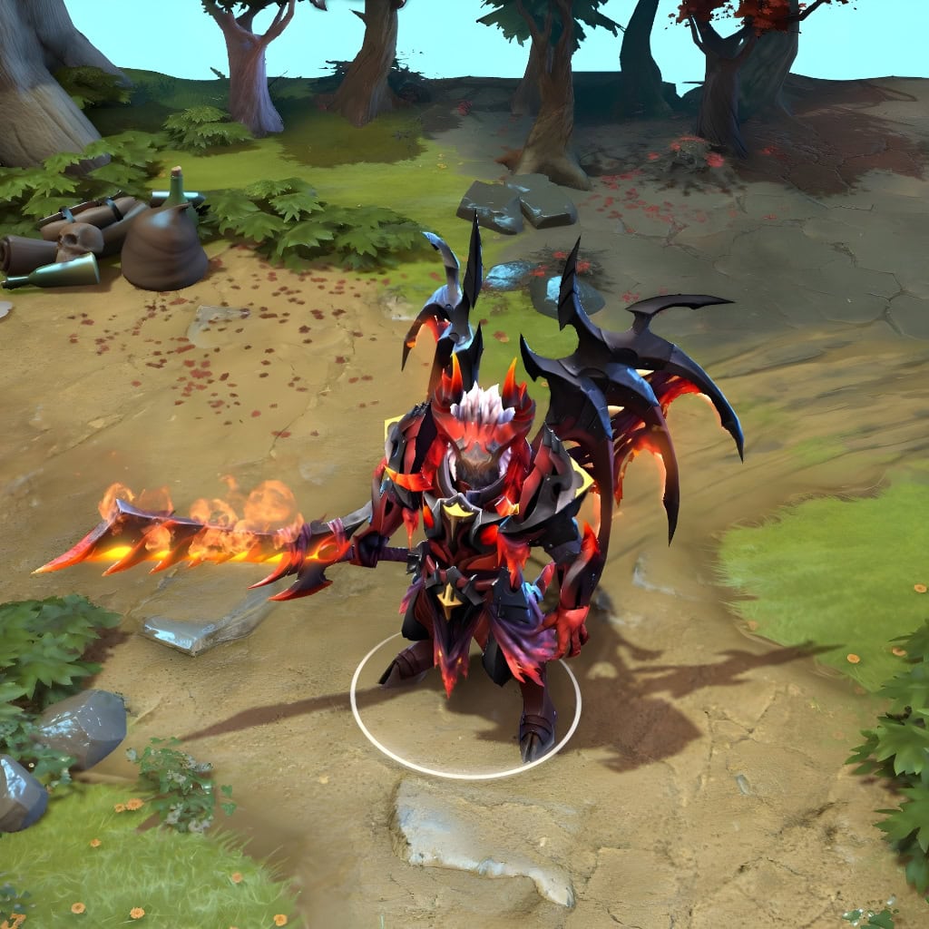 Doom in-game wearing the "Dread Ascendance" set from The International 2018 Collector's Cache II. The full suit of infernal plate mail, menacing Horned Helm, and the Blazing Infernal Blade's vibrant fire effects create an intimidating presence.