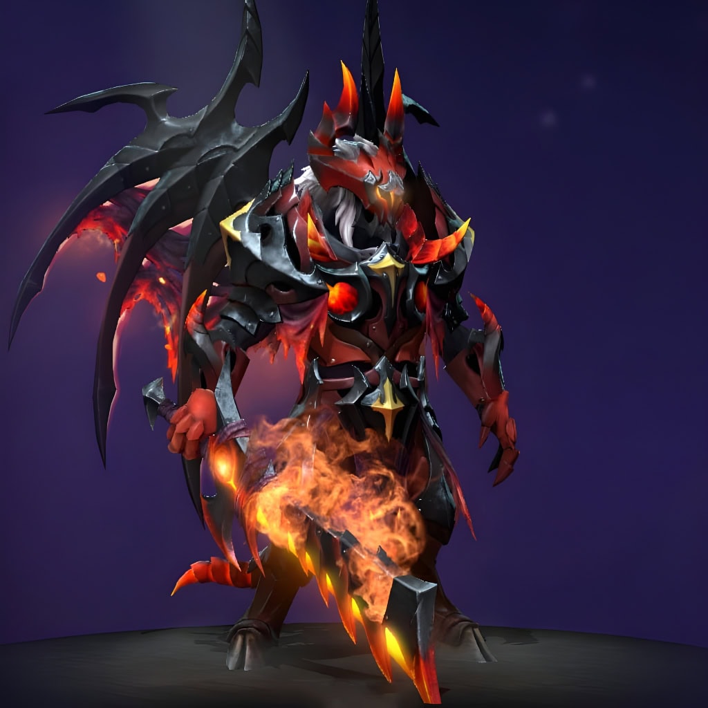 Doom's "Dread Ascendance" The International 2018 Collector's Cache II set. This formidable transformation reimagines him as a demonic knight in scorched crimson plate. Features a menacing horned helm, jagged armored wings, and a greatsword wreathed in flames.