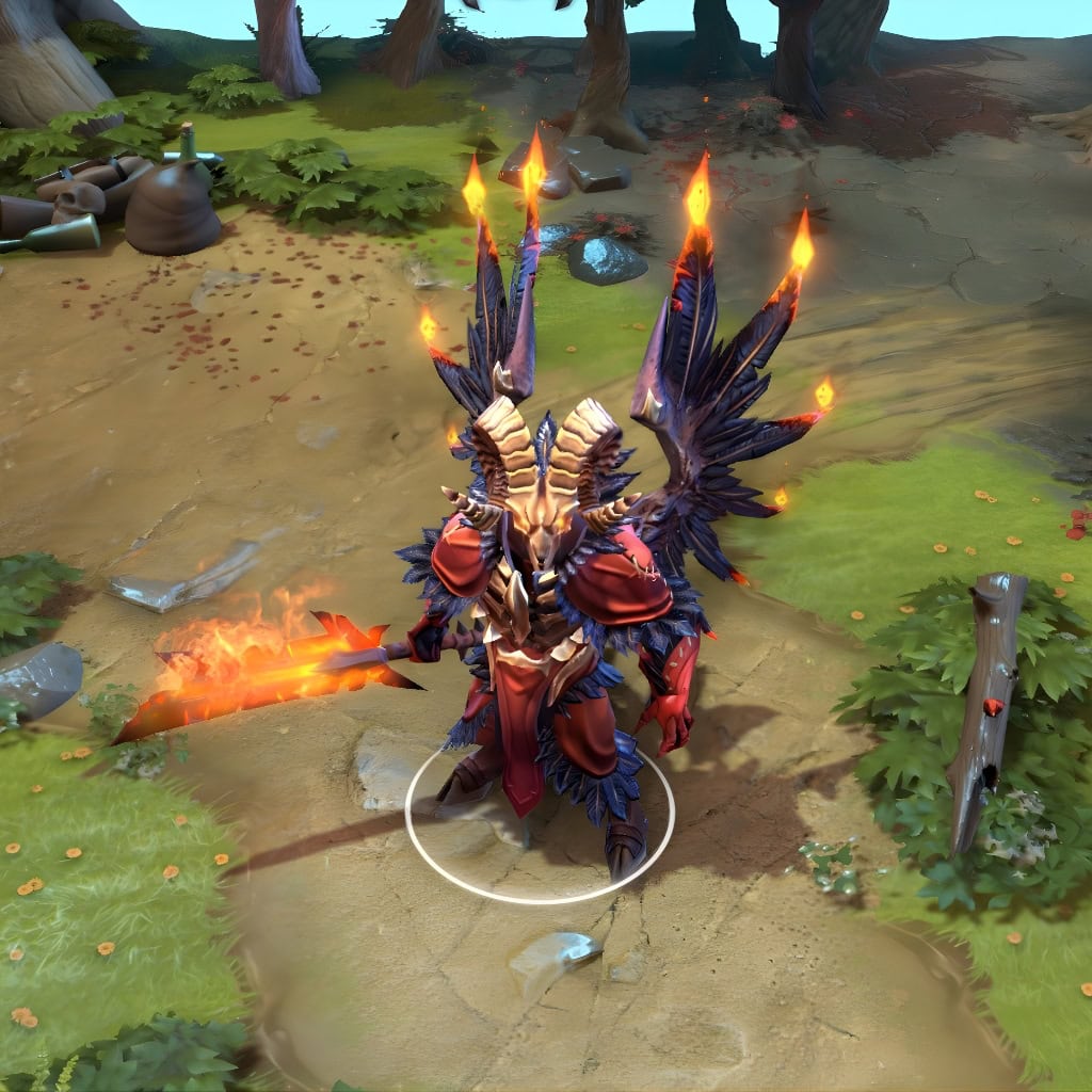 Doom in-game wearing the Fires of Vashundol set from The International 2015 Collector's Cache. The horned helm with glowing eyes, massive dark-feathered wings with burning pyres, and molten sword crackling with fiery heat are clearly visible, showcasing its intimidating presence.