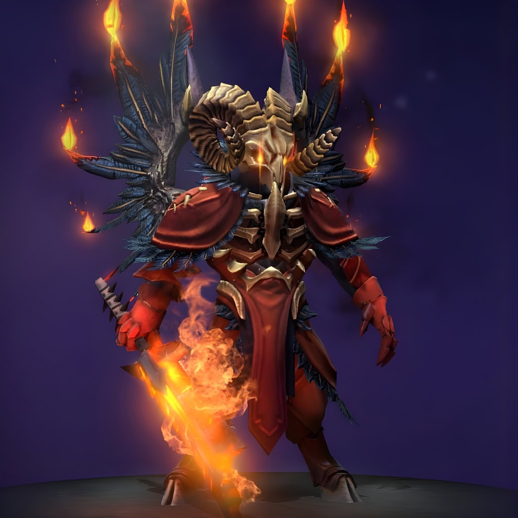 Doom's "Fires of Vashundol" The International 2015 Collector's Cache set. Transforms him into an infernal royal with a menacing, horned helm and glowing ember eyes. Features massive, dark-feathered wings tipped with burning pyres, and a molten sword crackling with fiery heat.