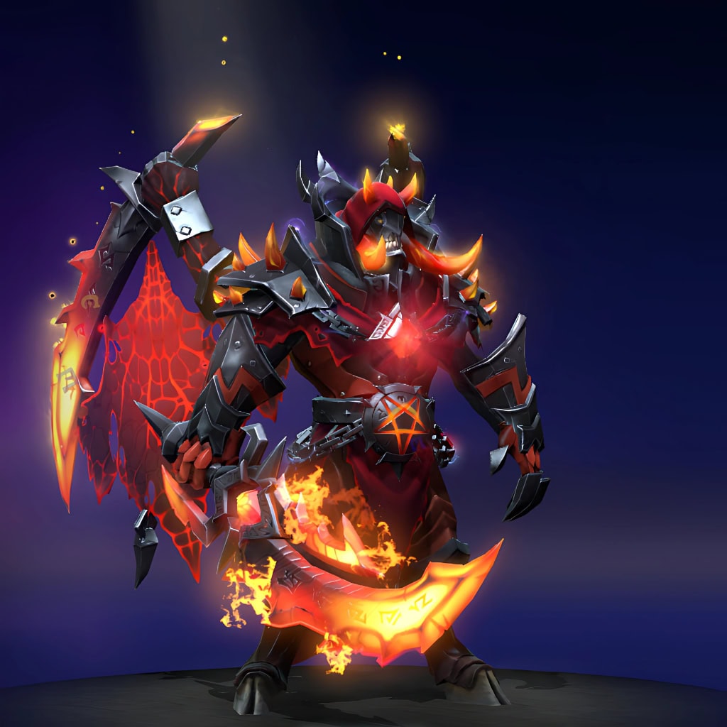 Doom's "Litany of the Damned" Nemestice Collector's Cache 2021 set. Features Satanic Regalia armor with a prominent pentagram, a diabolical horned skull helm, Molten Fracture wings, and a Runebound Inferno Blade pulsing with infernal energy.