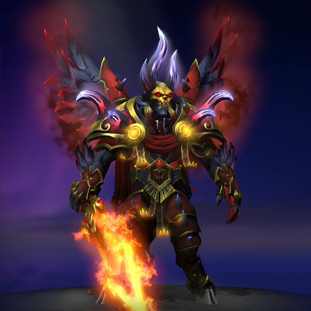 Doom's "Wrath of the Fallen" TI10 Cache II set. A complete model overhaul with a fusion of angelic and infernal aesthetics. Features stunning fallen angel wings, regal crimson and gold armor, a formidable horned helm, and an infernal flaming blade forged from magma with brilliant fire effects.