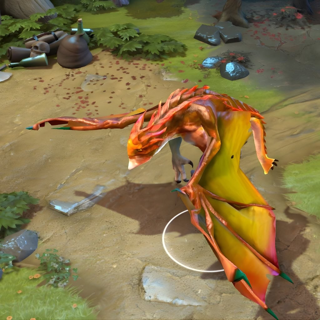 Dragon Knight's default Elder Dragon Form shown in-game for comparison. This version features a reddish-orange body and leathery, yellow-green wings, serving as a baseline to highlight the unique model and smoldering ember effects of the Knight of the Burning Scale's custom dragon form.