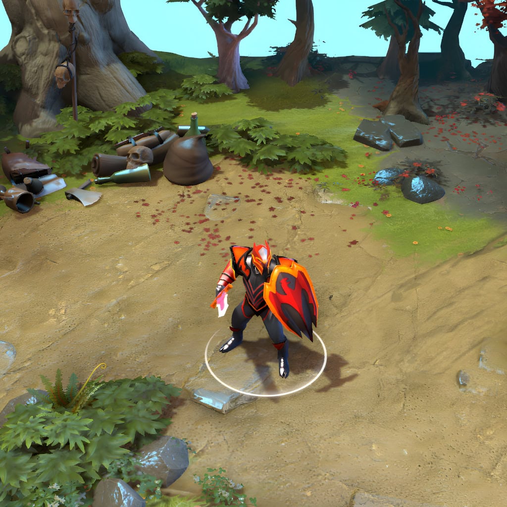 A gameplay screenshot of Dragon Knight's default model in Dota 2. This serves as a baseline to contrast with the enhanced in-game visuals, fiery volcanic aesthetic, and unique custom dragon form of the Scorched Amber cosmetic set.