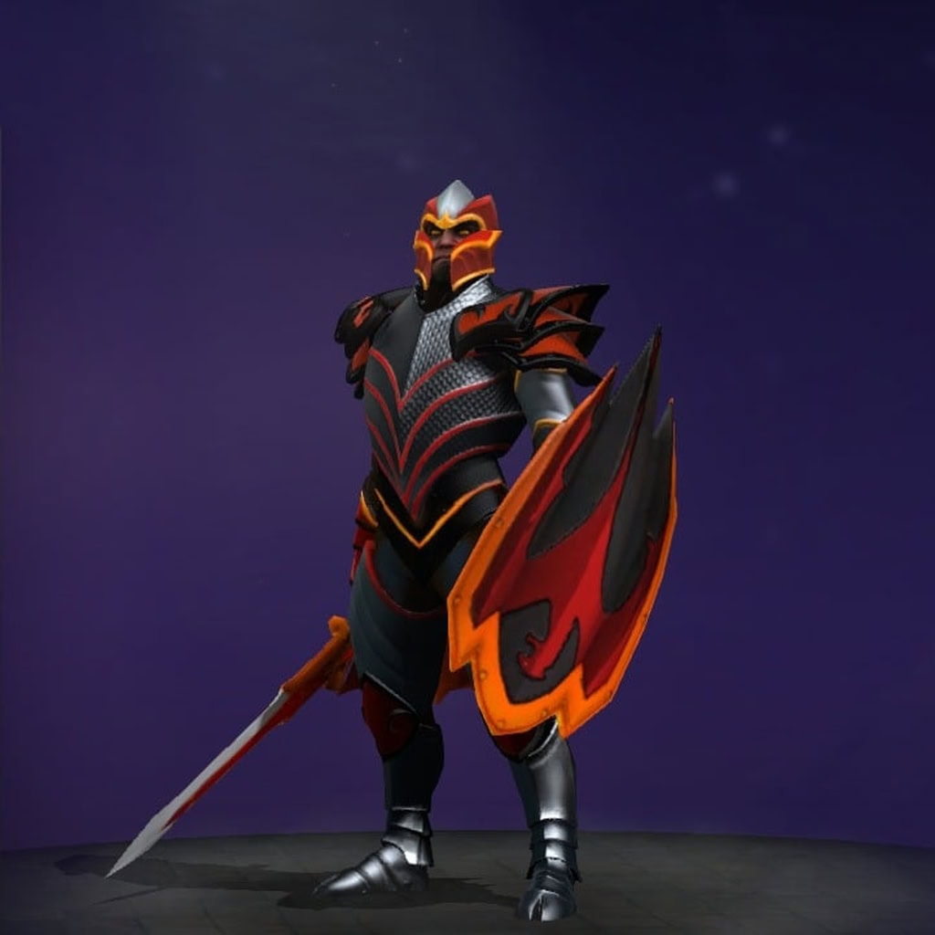 The default skin of Dragon Knight, for comparison with the Knight of the Burning Scale set from The International 2015 Collector's Cache. This highlights the transformation into a fearsome draconic warrior with obsidian plate armor, a horned helmet, and a colossal dragon-wing shield.