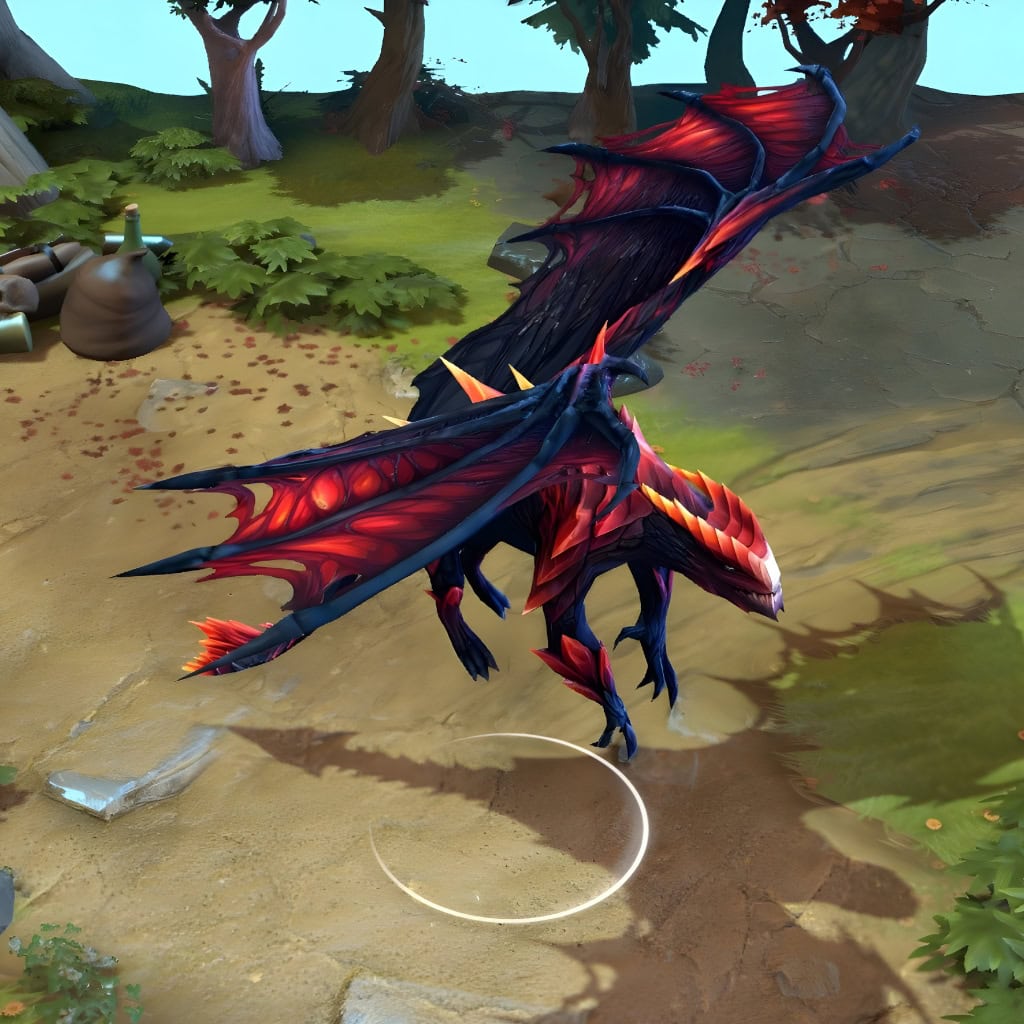 The custom in-game dragon form for Dragon Knight's "Knight of the Burning Scale" set from The International 2015 Collector's Cache. The dragon features obsidian-hued scales, a spiky back, and large, membranous wings with a smoldering red and black ember pattern, perfectly matching the set's draconic warrior theme.