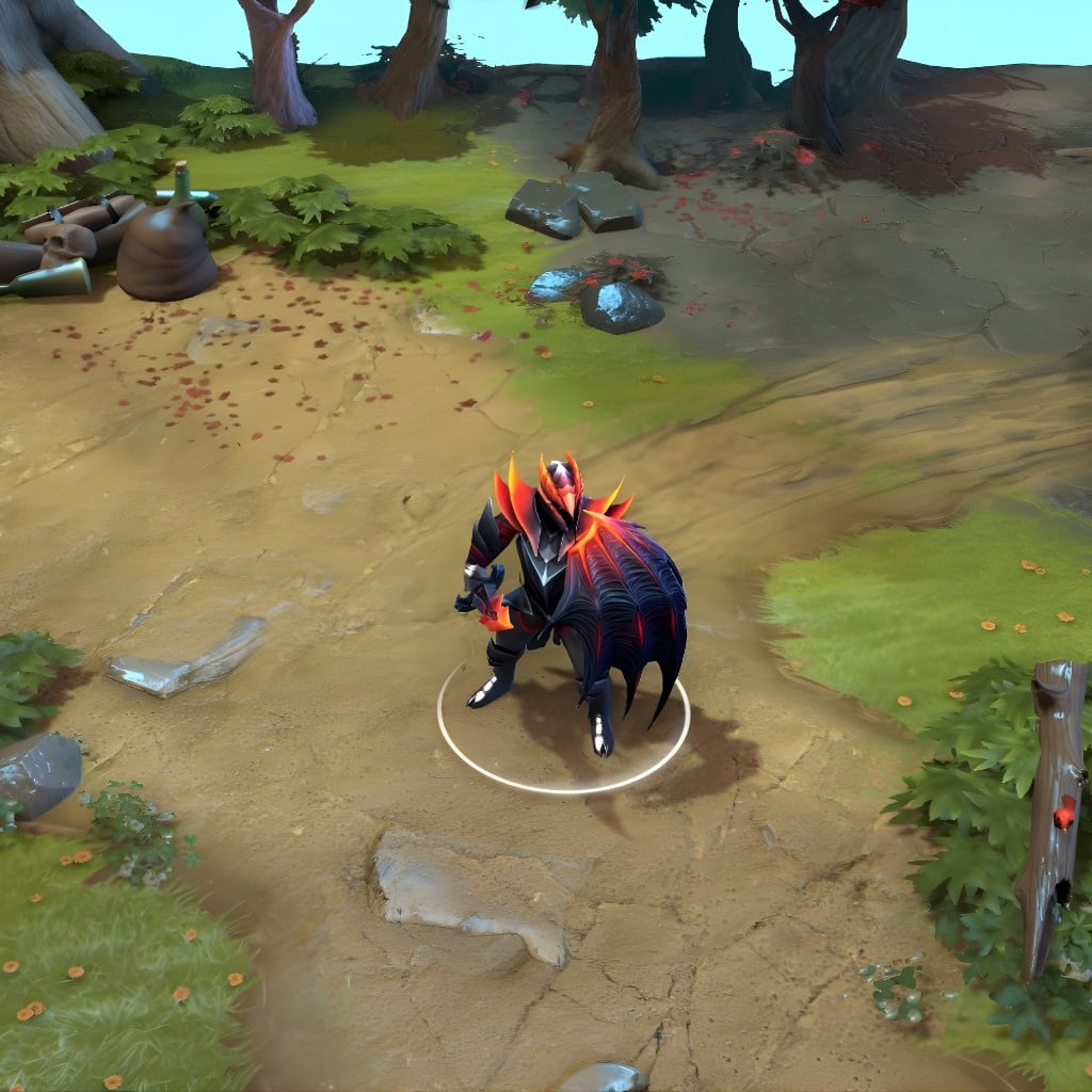 Dragon Knight in-game wearing the Knight of the Burning Scale set from The International 2015 Collector's Cache. The obsidian-hued plate armor with fiery glow, draconic horned helmet, colossal dragon-wing shield, and smoldering sword are clearly visible, showcasing its commanding presence.
