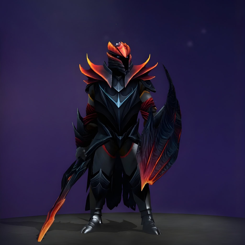 Dragon Knight's "Knight of the Burning Scale" The International 2015 Collector's Cache set. Transforms Davion into a draconic warrior in formidable, obsidian-hued plate armor with a constant fiery glow. Features a horned helmet, a colossal shield resembling a dragon wing, and a sword with a smoldering, orange-red blade.
