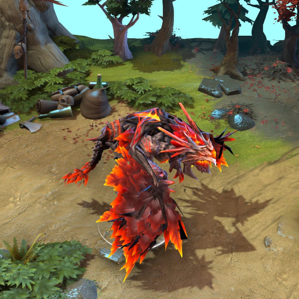 A gameplay screenshot of the unique custom Elder Dragon Form from Dragon Knight's "Scorched Amber" set. This breathtaking dragon features scales and wings imbued with a molten, ember-like glow, showcasing the full thematic transformation during a match.