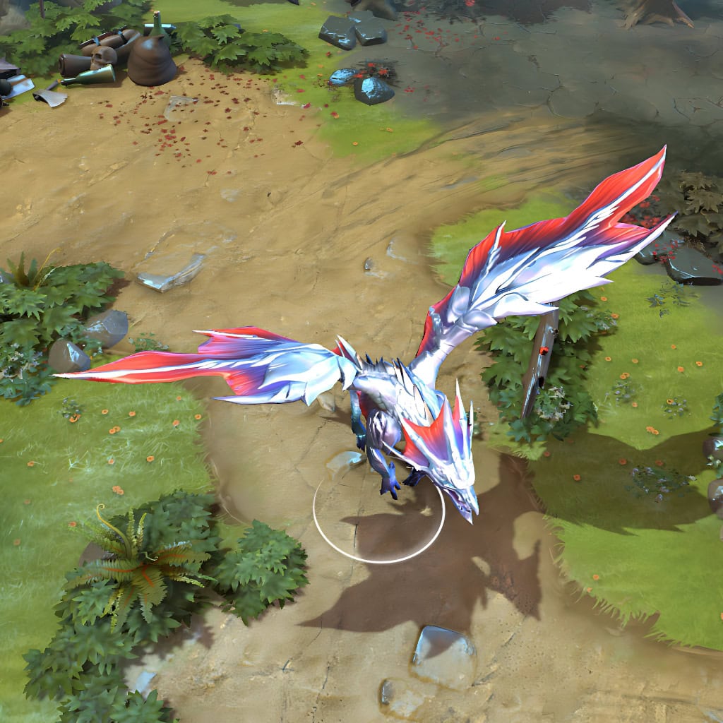 In-game view of Dragon Knight's custom Elder Dragon Form from the Silverwurm Sacrifice set. The majestic silver wurm is shown in flight, featuring large wings with vibrant red and amethyst accents. Its intricate silver scales and glowing crest are clearly visible as it soars over the map.