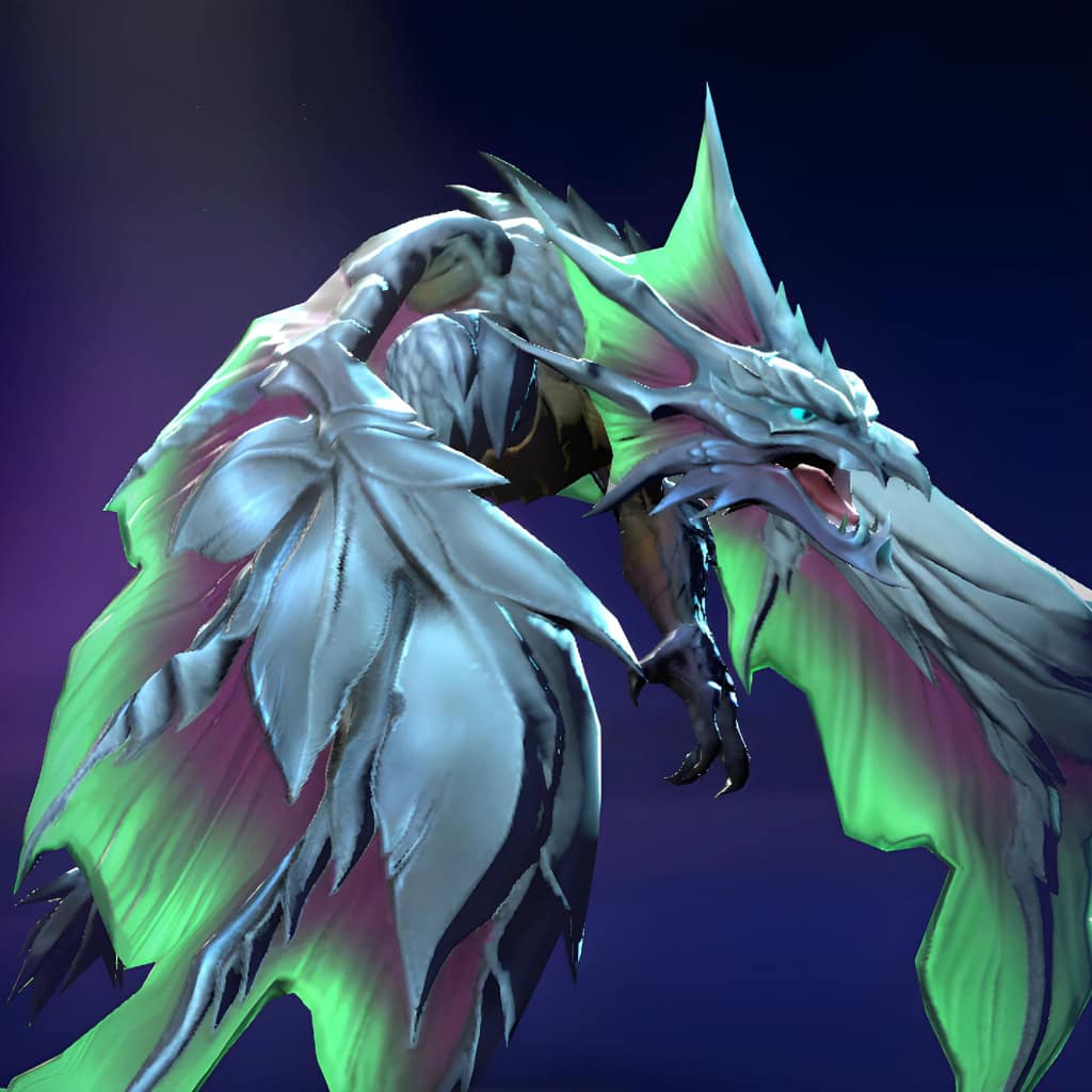A detailed showcase of Dragon Knight's custom Elder Dragon Form from the "Silverwurm Sacrifice" set. This close-up view highlights the magnificent silver-scaled wurm's head, intricate crest, and large, detailed wings featuring a vibrant gradient of glowing emerald and amethyst hues.