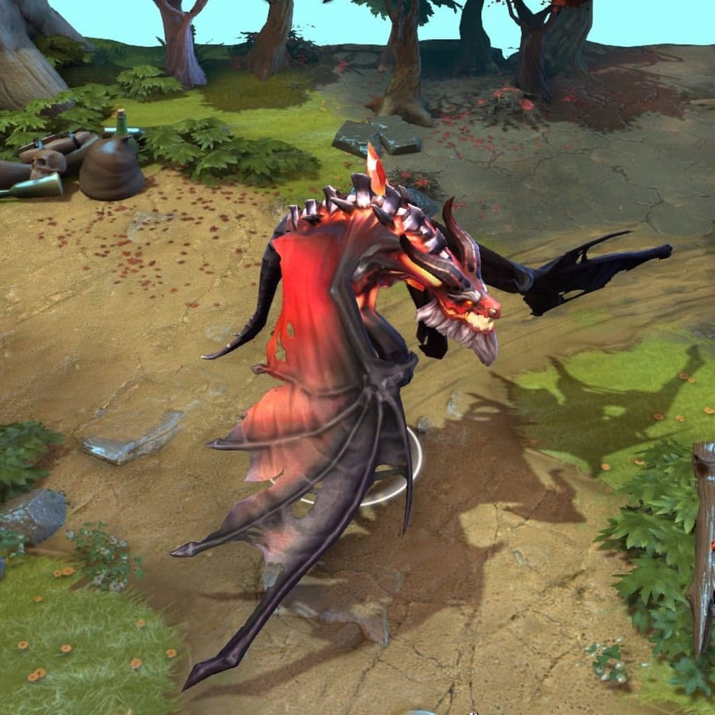 In-game view of the custom Elder Dragon Form from Dragon Knight's "Third Awakening" set. This unique black dragon form features a menacing skeletal frame, tattered wings with a fiery underglow, and a burning crimson core, completely replacing the default model.