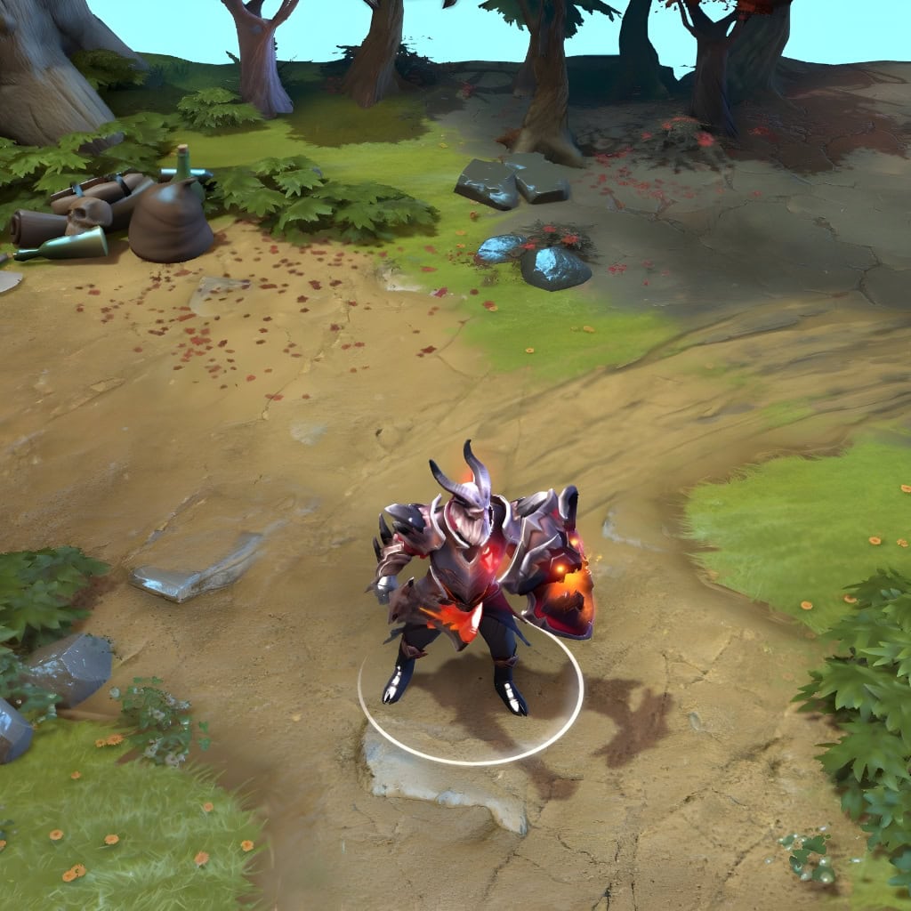 Dragon Knight in-game wearing the Third Awakening set from The International 2018 Collector's Cache II. The draconic overlord head, molten plate armor, and glowing shield are clearly visible, showcasing the set's intimidating human form during gameplay.