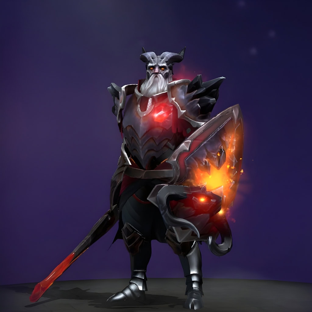 Dragon Knight's "Third Awakening" The International 2018 Collector's Cache II set. This Mythical set corrupts Davion’s human form into a draconic overlord with great horns, an ancient face, and dark-iron plate armor. His chest and shield burn with a molten, fiery core.