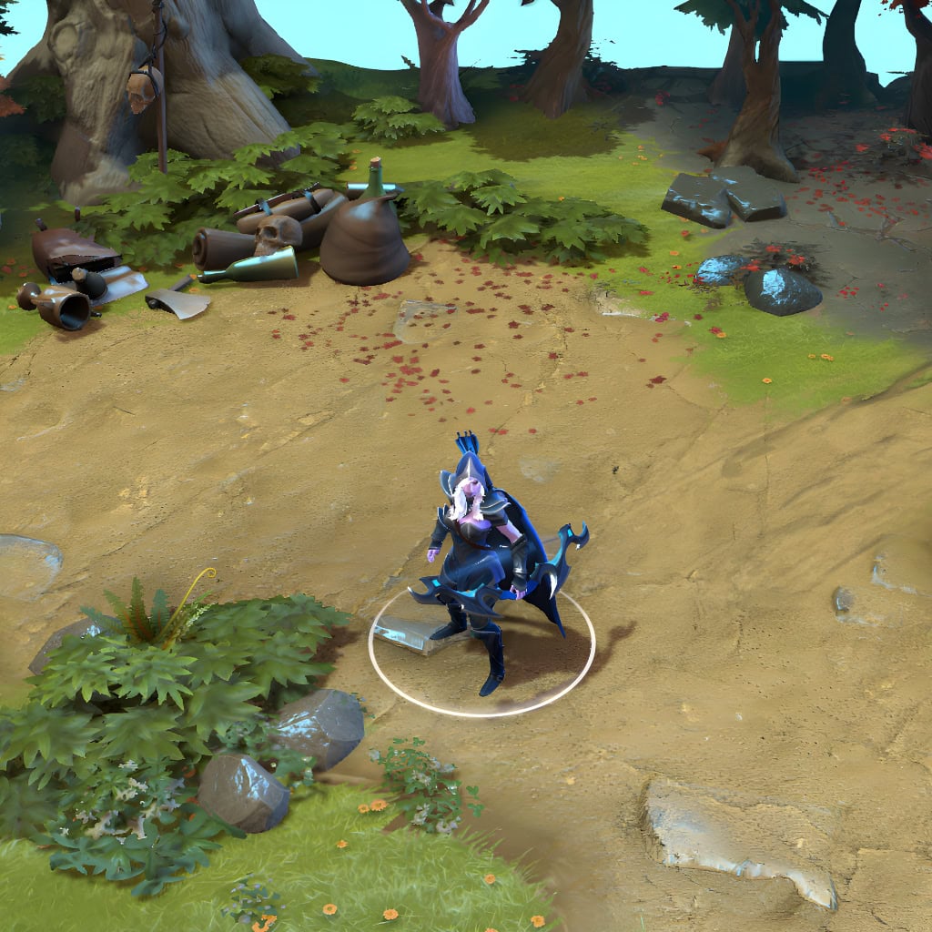 A gameplay screenshot of Drow Ranger's default model in Dota 2. This serves as a baseline to contrast with the enhanced in-game visuals, mystical huntress aesthetic, and glowing ice-blue effects of the Glimmer of the Sacred Hunt cosmetic set.