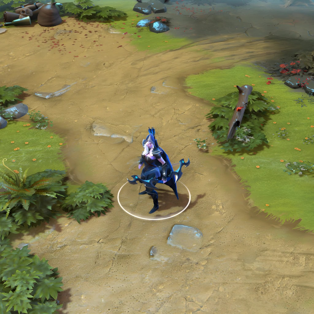 A gameplay screenshot of Drow Ranger's default model in Dota 2. This serves as a baseline to contrast with the enhanced in-game visuals and otherworldly aesthetic of the Stranger in the Wandering Isles cosmetic set.
