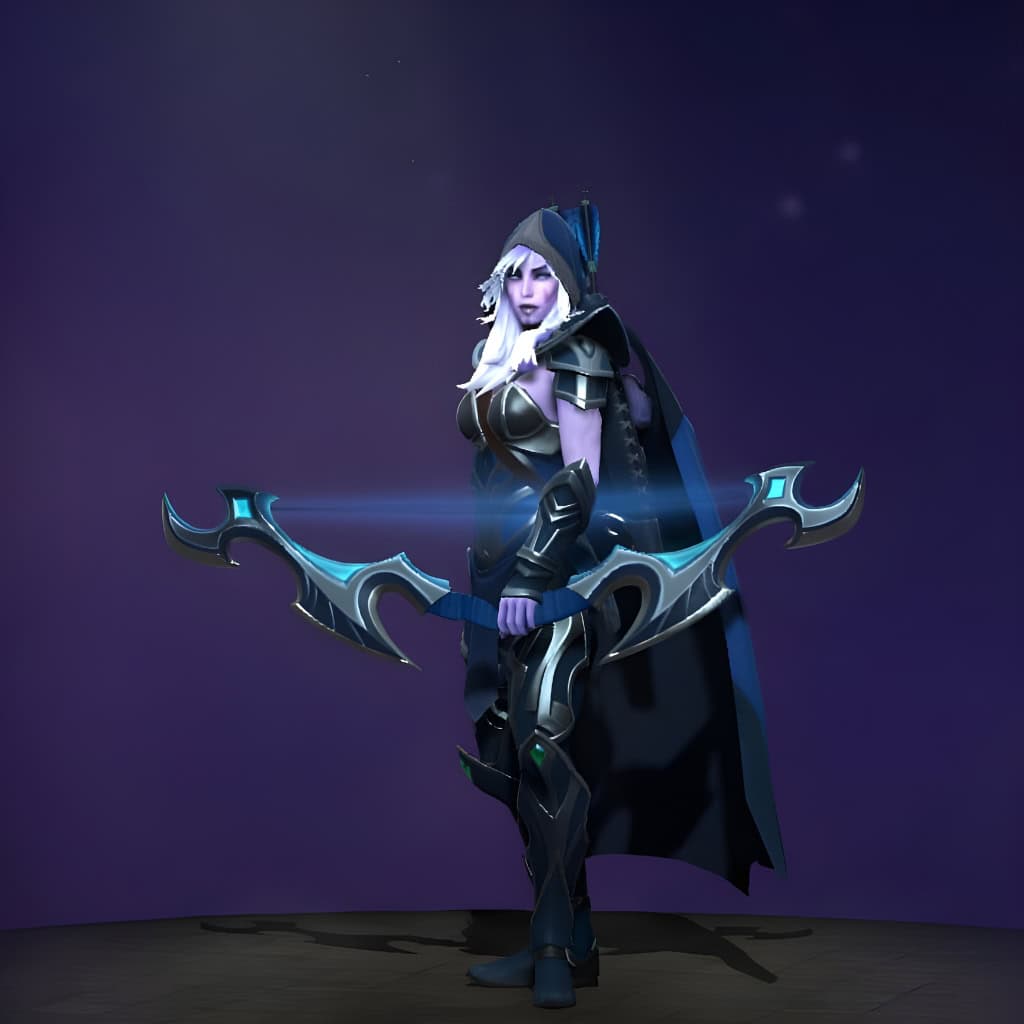 The default skin of Drow Ranger, shown for comparison with the Glimmer of the Sacred Hunt set. This highlights the transformation into a deadly apparition with an antlered headdress, ethereal shimmering garments, a crystalline bow, and harmonious glacial accents.