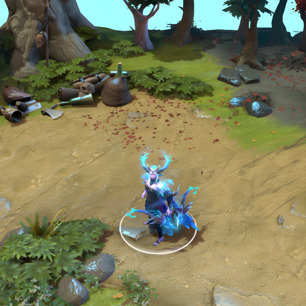 Drow Ranger shown in-game wearing the Glimmer of the Sacred Hunt set. The majestic antlered headdress radiating ice-blue light, flowing ethereal garments, and stunning crystalline bow imbued with cold energy are clearly visible, showcasing the set's full impact.