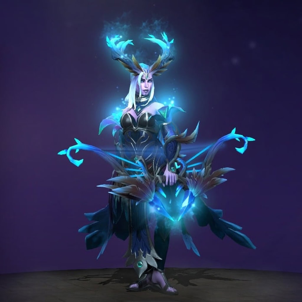 Drow Ranger's "Glimmer of the Sacred Hunt" from The International 2019 Collector's Cache. This Mythical set transforms Traxex into a breathtaking apparition with a majestic, antlered headdress radiating ice-blue light. She wears flowing, ethereal garments that shimmer like moonlight on frost and wields a stunning crystalline bow imbued with cold energy.