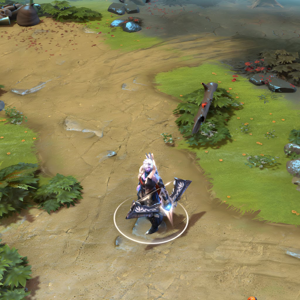 Drow Ranger shown in-game wearing the Sight of the Kha-Ren Faithful set. The extraordinary bow with its glowing blue core, ornate dark armor with intricate silver details, fur-lined collar, and flowing cloak are clearly visible, showcasing the set's full impact.