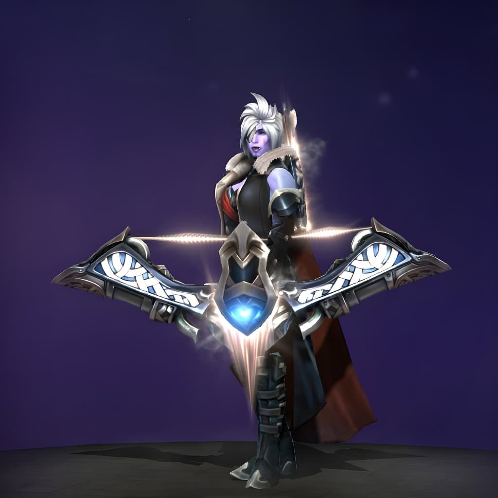 Drow Ranger's "Sight of the Kha-Ren Faithful" from The International 2019 Collector's Cache 2. This set features an extraordinary bow with metallic, angular limbs converging on a glowing blue crystalline core. She wears ornate, dark-hued armor with intricate silver detailing, a fur-lined collar, reimagined hairstyle, and a flowing cloak.