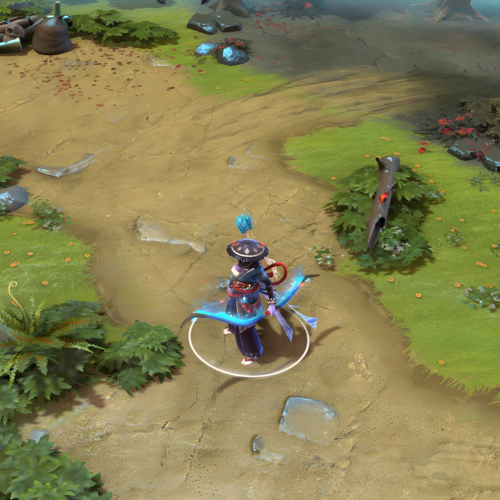 Drow Ranger shown in-game wearing the Stranger in the Wandering Isles set. The ornate garments, enigmatic mask, luminous bow, and glowing crystalline accents are clearly visible, showcasing the set's full impact during gameplay.