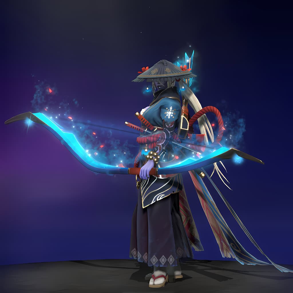 Drow Ranger's "Stranger in the Wandering Isles" Aghanim's 2021 Collector's Cache set. Shrouded in ancient elegance, it features an enigmatic masked visage, ornate garments in deep ethereal blues, a luminous bow, and glowing blue crystalline accents.
