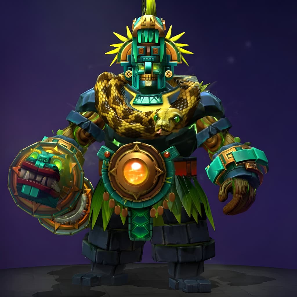 Earth Spirit's "Adornments of the Jade Emissary" from The International 2019 Collector's Cache. This Mythical set features full jade plate armor, a ceremonial headdress, a stunning jade serpent armament, and a live serpent draped over his shoulders. His stone remnants are transformed into carved jade boulders.