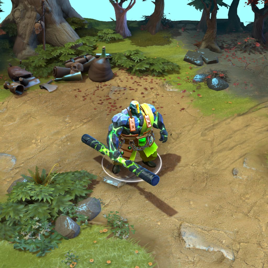 A gameplay screenshot of Earth Spirit's default model in Dota 2. This serves as a baseline to contrast with the enhanced in-game visuals, unique Mesoamerican-inspired aesthetic, and carved jade boulder effects of the Adornments of the Jade Emissary cosmetic set.