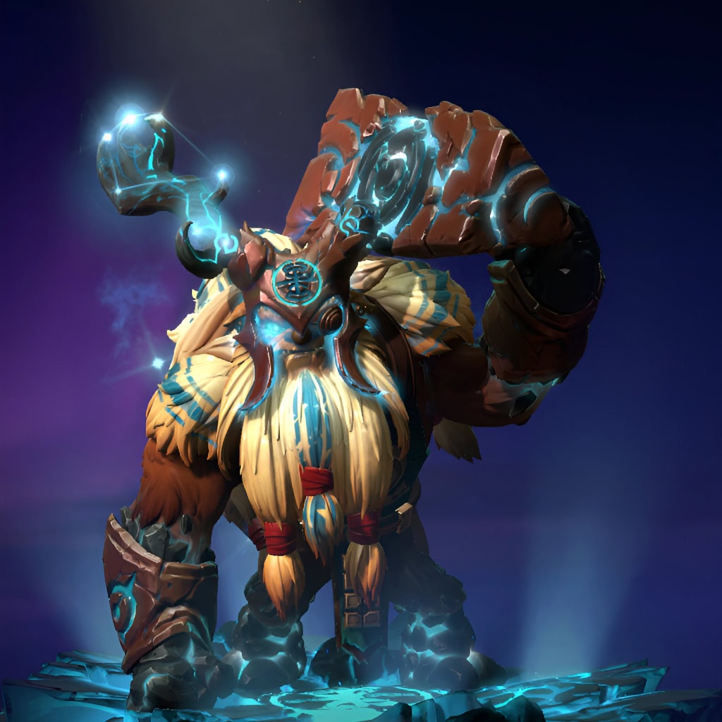 A detailed view of the Earthshaker Planetfall Arcana, highlighting the crackling blue celestial energy on its totem and armor. This legendary cosmetic is included as part of the Intergalactic Orbliterator bundle.