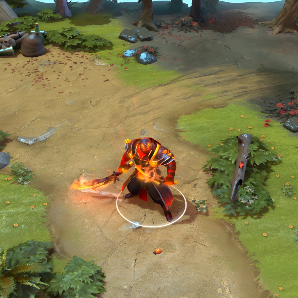 A gameplay screenshot of Ember Spirit's default model in Dota 2. This serves as a baseline to contrast with the enhanced in-game visuals, unique fiery particle effects, and sagely warrior aesthetic of the Cinder Sensei cosmetic set.
