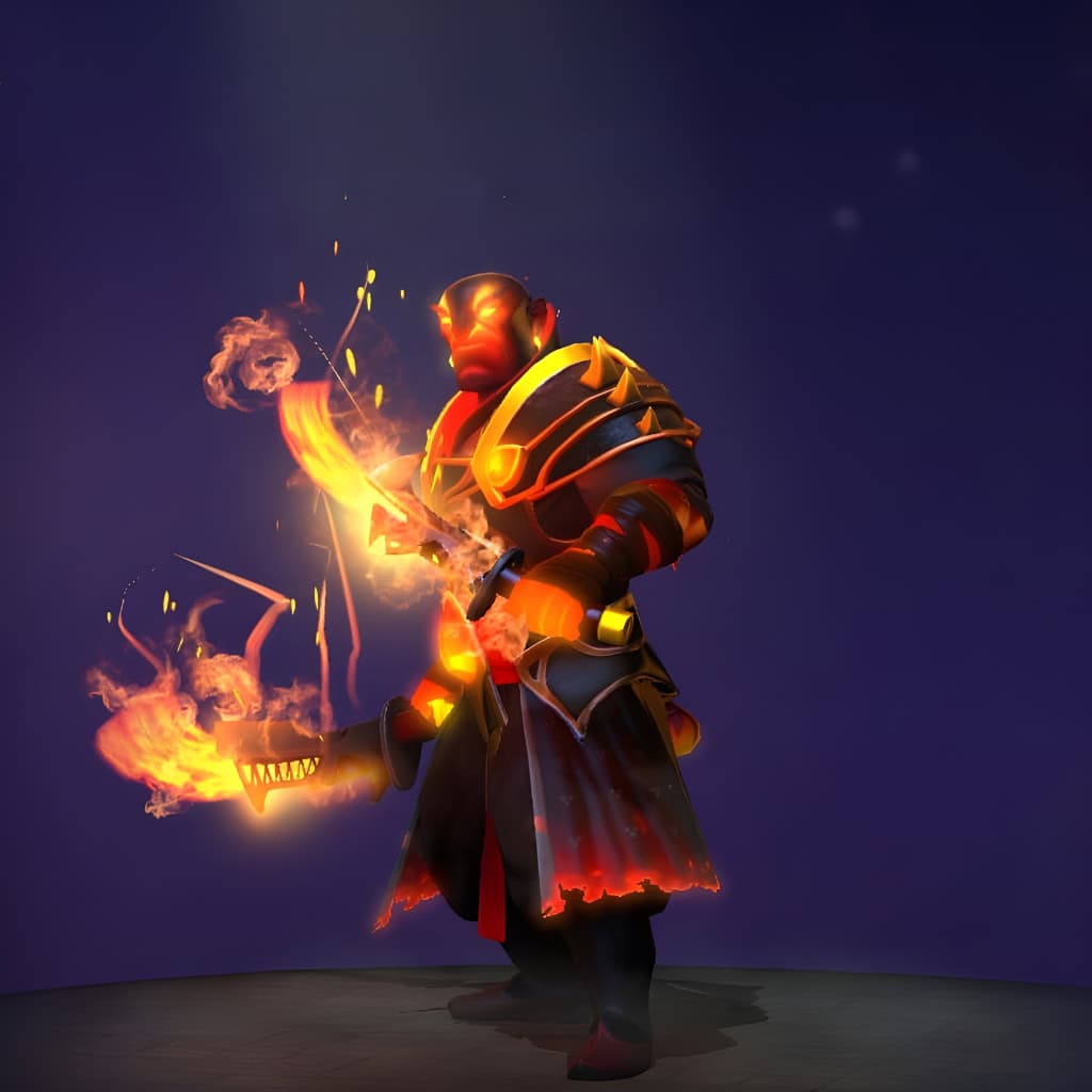 The default skin of Ember Spirit, shown for comparison with the Cinder Sensei set. This highlights the transformation from his traditional blades and armor to unique blazing nunchaku, a golden fiery visage with a long beard, and ornate master's robes.