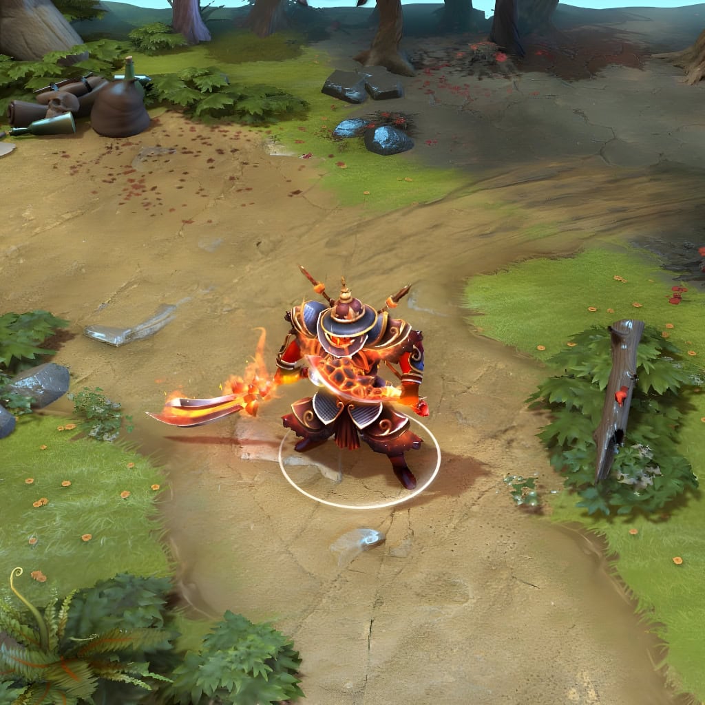 Ember Spirit in-game wearing the "Fires of the Volcanic Guard" set from The International 2018 Collector's Cache II. His dark, ornate armor with glowing fissures, Molten Remnant Blades, and constant fiery particle effects create a formidable presence.