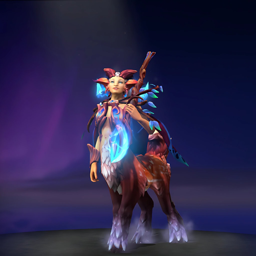 Enchantress's "Caerulean Star" Nemestice Collector's Cache 2021 set. Reimagines her as a mystical guardian with celestial horns pulsing with blue light, a glowing crystal glaive, sylvan and astral armor, and uniquely stylized hooves with a crystalline purple texture.