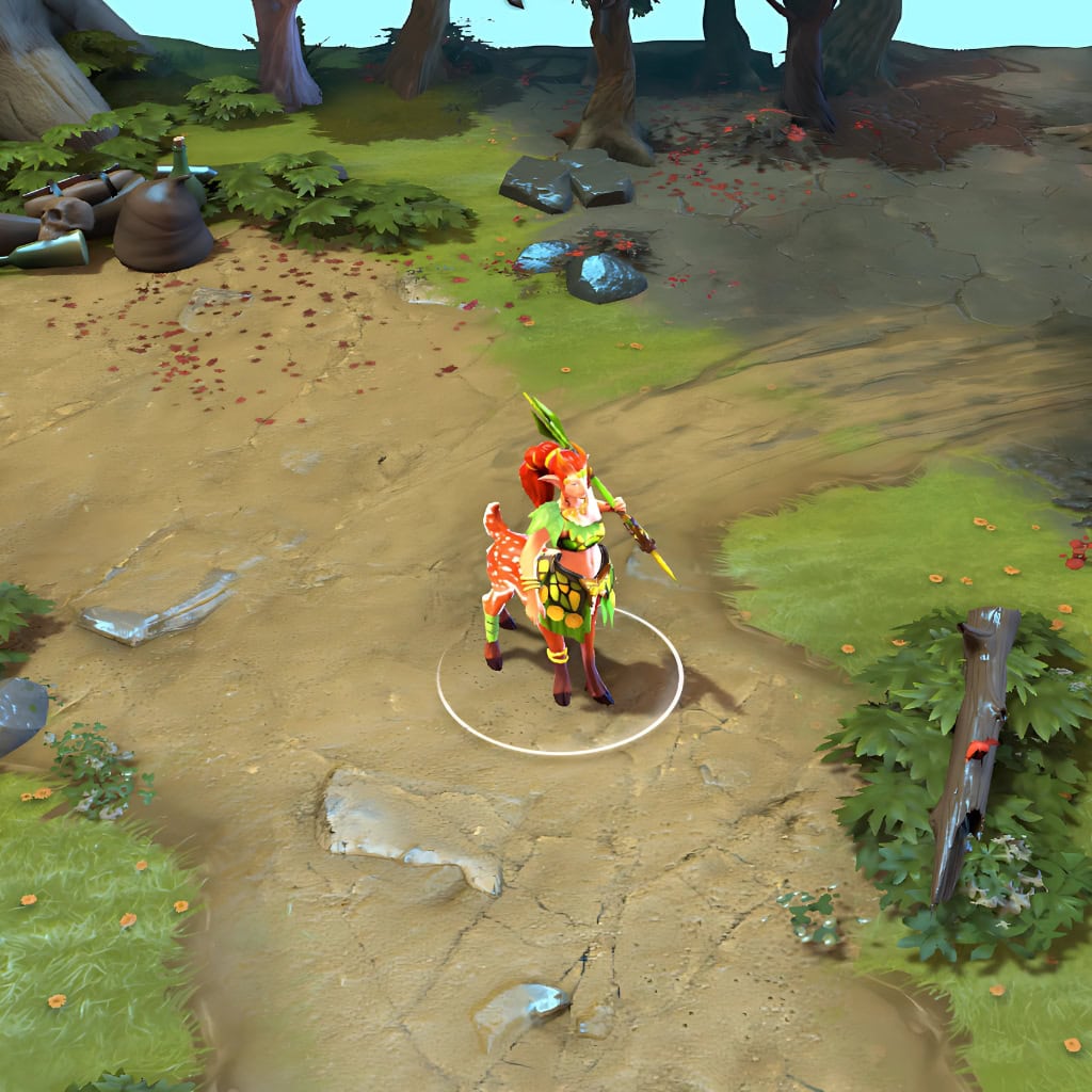 A gameplay screenshot of Enchantress's default model in Dota 2. This serves as a baseline to contrast with the stunning visual contrast of earthy textures illuminated by ethereal blue light, and the overall rare beauty of the Caerulean Star cosmetic set.