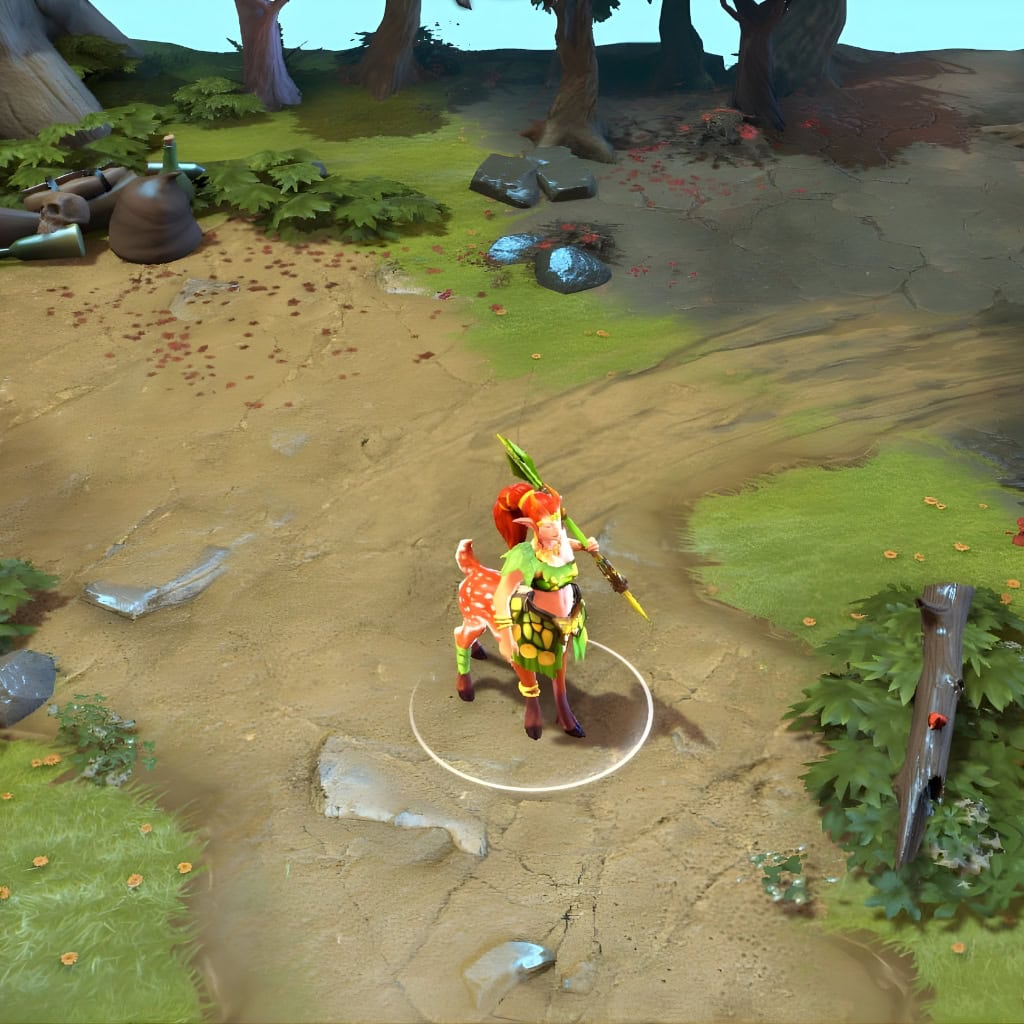 A gameplay screenshot of Enchantress's default model in Dota 2. This serves as a baseline to contrast with the stunning floral design and warm color palette of the Song of the Solstice set, ensuring she stands out with its unique aesthetic in every lane and teamfight.