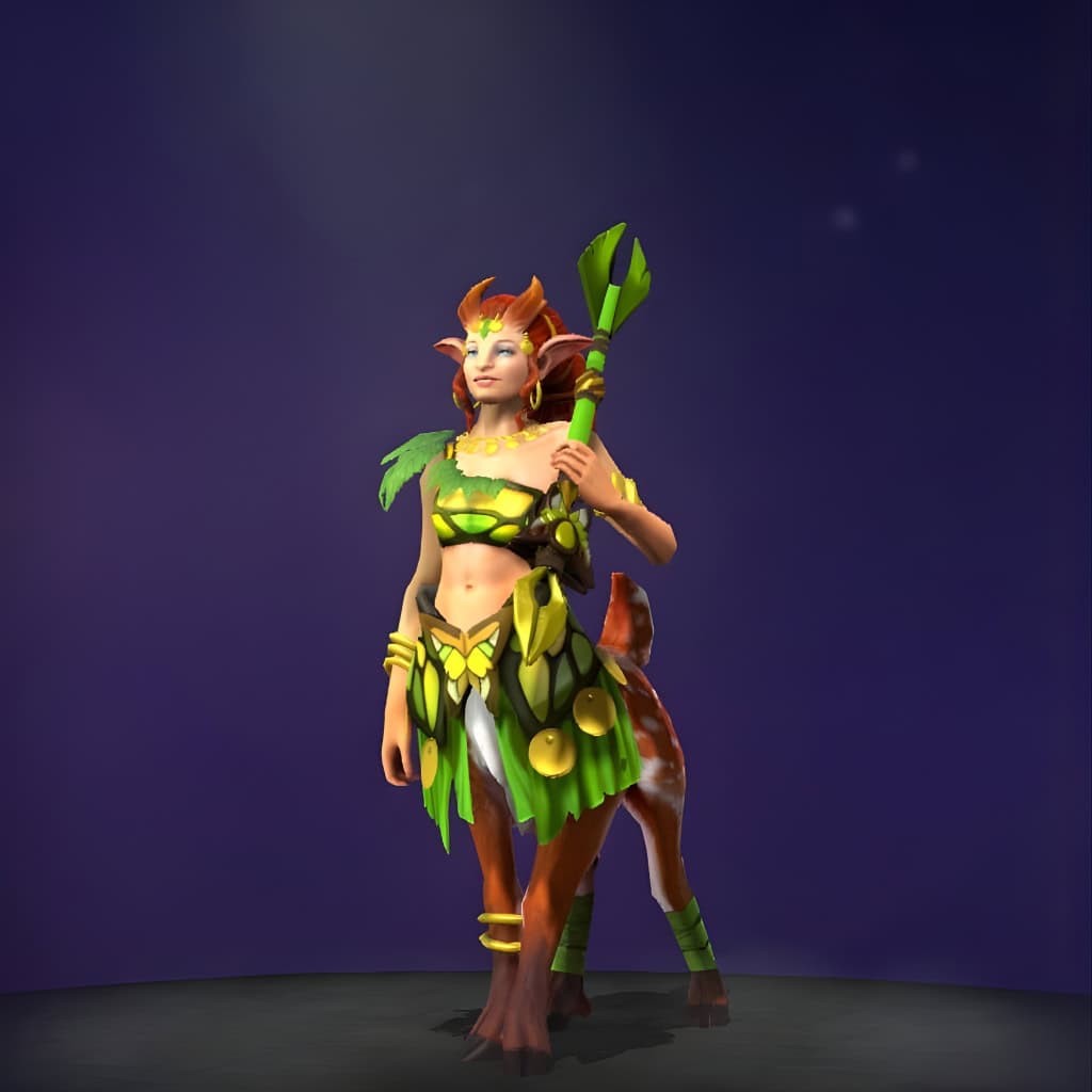 The default skin of Enchantress, shown for comparison with the Song of the Solstice set. This highlights the complete transformation into a floral dryad, contrasting her standard appearance with blooming petal armor, a regal headdress, and an ornate nature glaive.