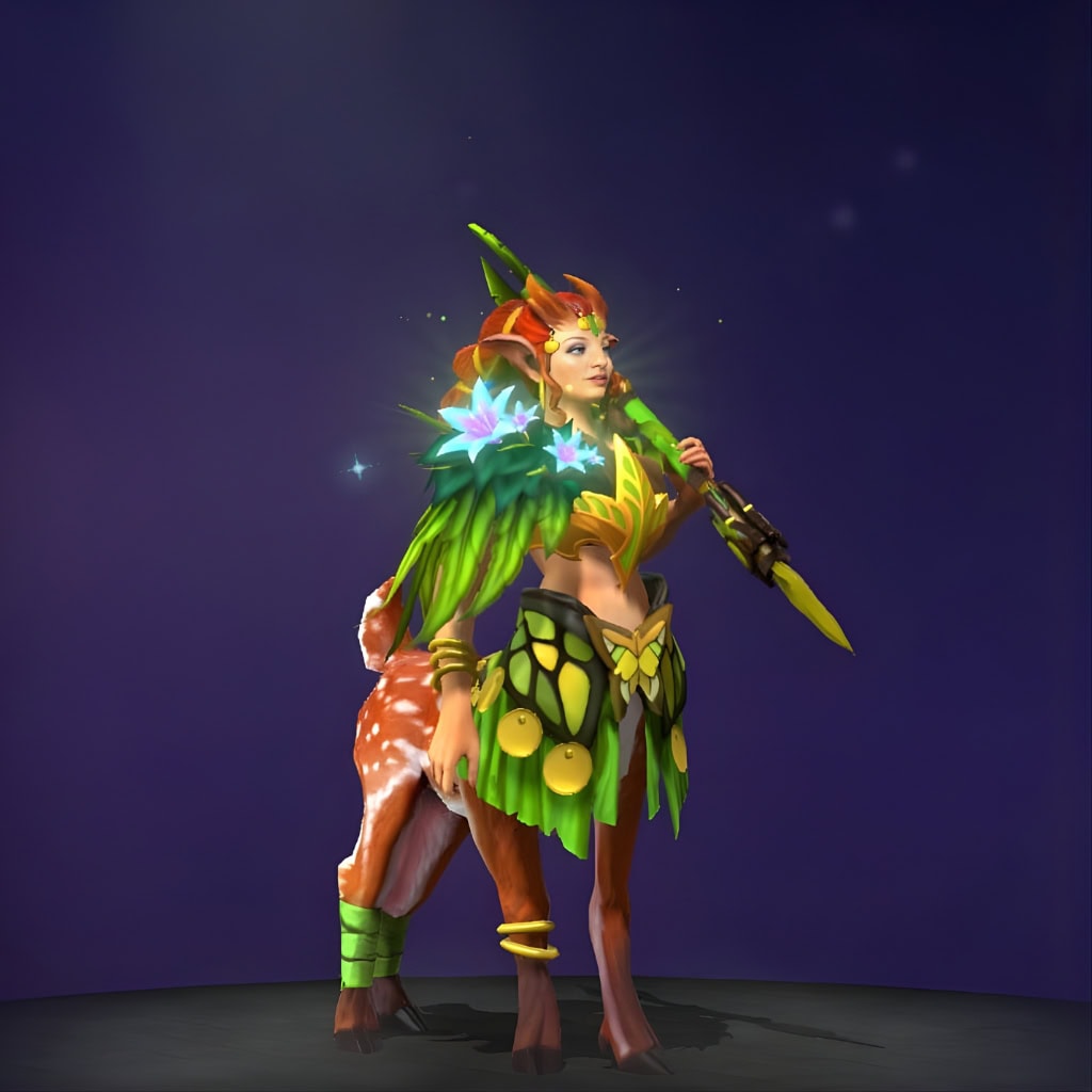 Dota 2 Immortal item, Harborblossom, is a floral shoulder piece for Enchantress with vibrant foliage and brilliant, pulsing blue flowers.