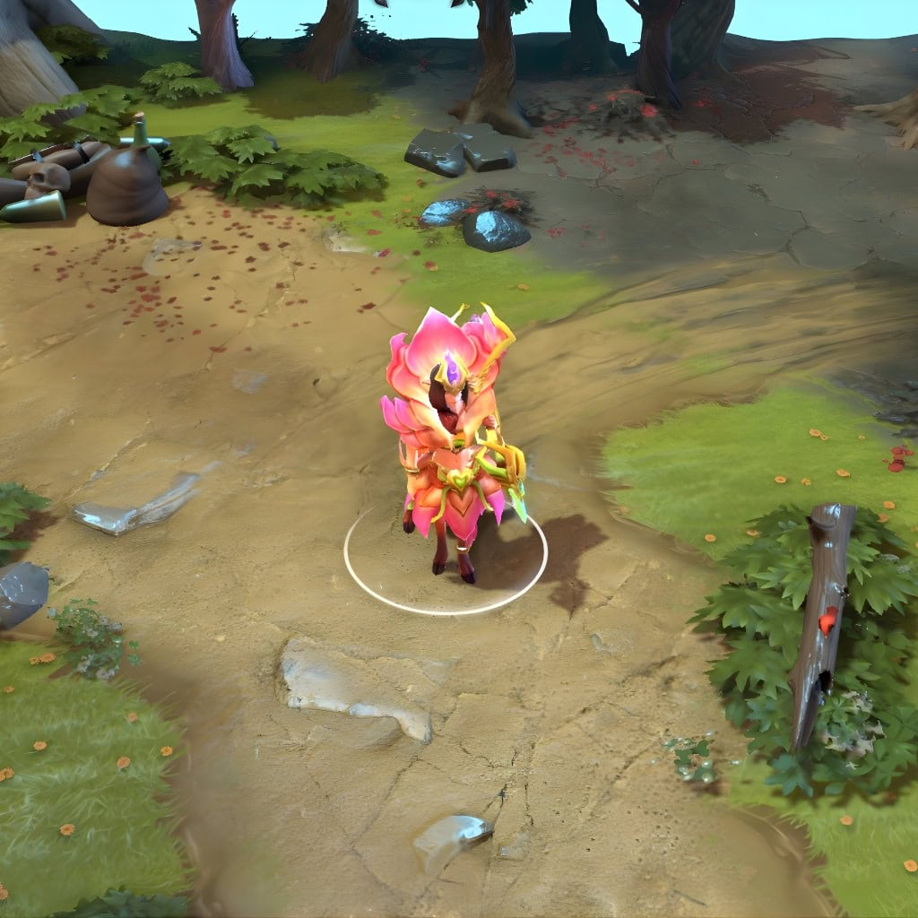 Enchantress shown in-game wearing the Song of the Solstice set. Her blooming petal armor, regal golden headdress, heart-shaped buckle, and uniquely crafted nature glaive are clearly visible, showcasing the set's timeless artistry and vibrant, fey royalty aesthetic.