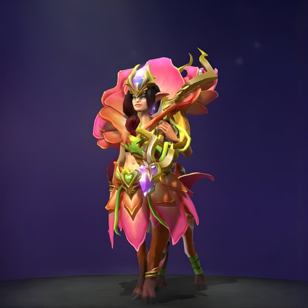 Enchantress's "Song of the Solstice" themed set from the Nemestice 2021 Themed Treasure. This set transforms the dryad into a spectacular blooming flower, featuring magnificent petal armor in vibrant pink and orange, a golden horned helm, a delicate heart-shaped buckle at the waist, and an ornate, crystal-accented nature glaive.