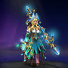 Image of the Songs of Starfall Glen cosmetic set for Enchantress, from The International 10 Collector's Cache in Dota 2, featuring a regal and ethereal Enchantress in a teal and gold gown with glowing antlers and a magical staff.