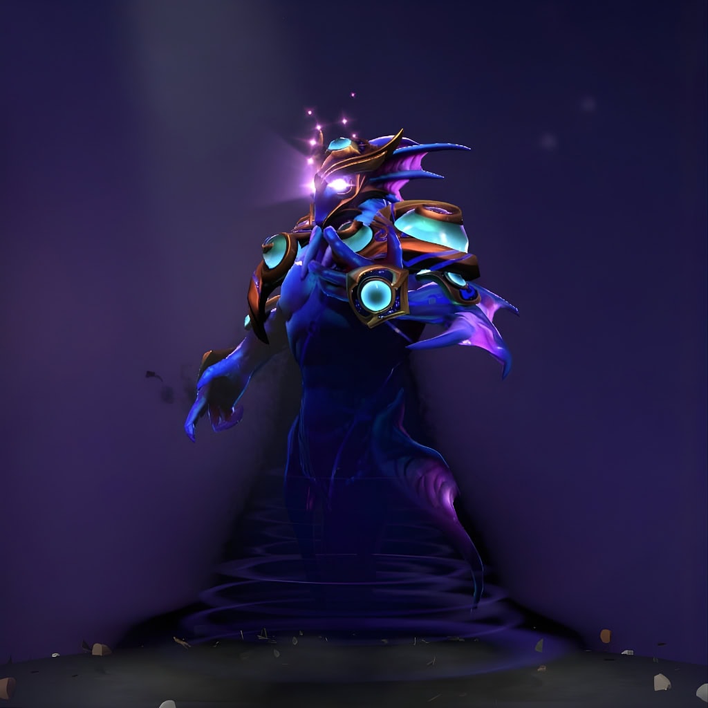 Enigma's "Abyssal Vortex" Mythical set from The International 2017 Collector's Cache. This skin transforms his shadowy essence into an armored abyssal sovereign, with a powerful, defined silhouette, distinctive fins, ornate gold and deep cosmic blue armor, and a mysterious headpiece with a glowing, otherworldly lens and luminous teal gems. He is posed against a dark background, emanating light.