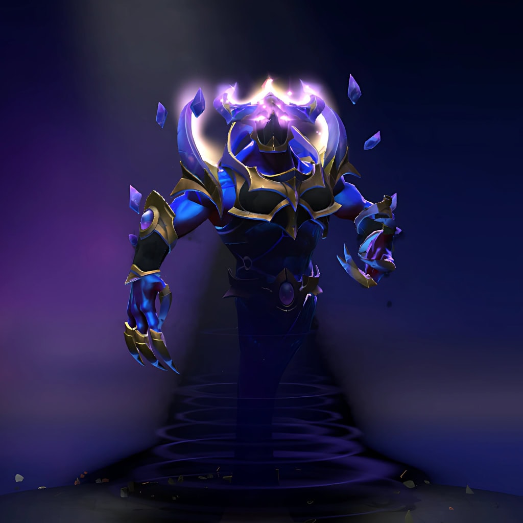 Enigma's "Astral Terminus" Nemestice Collector's Cache 2021 set. This mythical set features ornate, crystalline golden armor orbited by jagged violet crystal shards, an imposing helm with ominous purple eyes, and a pulsating energy core within the chest.