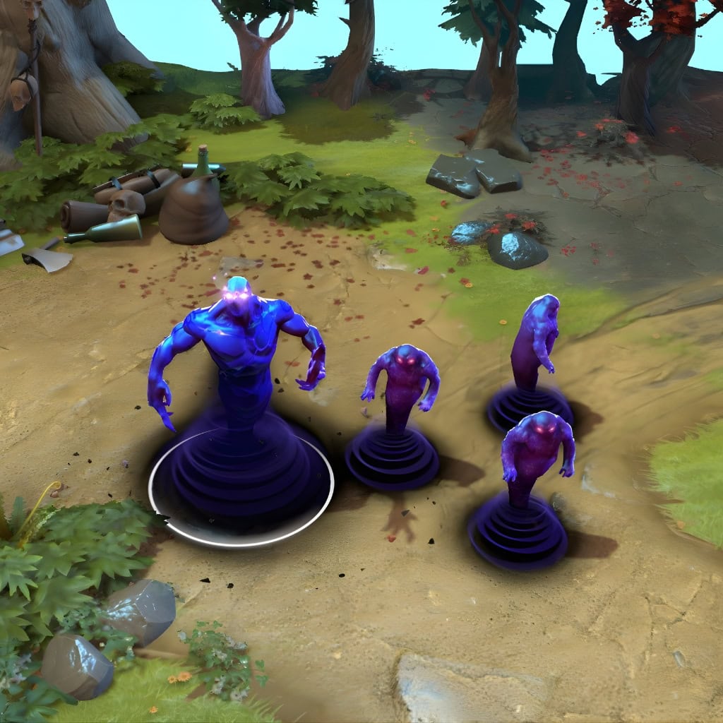A gameplay screenshot of Enigma's default model in Dota 2. This serves as a baseline to contrast with the powerful, defined silhouette, custom finned Eidolons, and glowing teal gems of the Abyssal Vortex cosmetic set, blending aquatic horror with celestial authority.