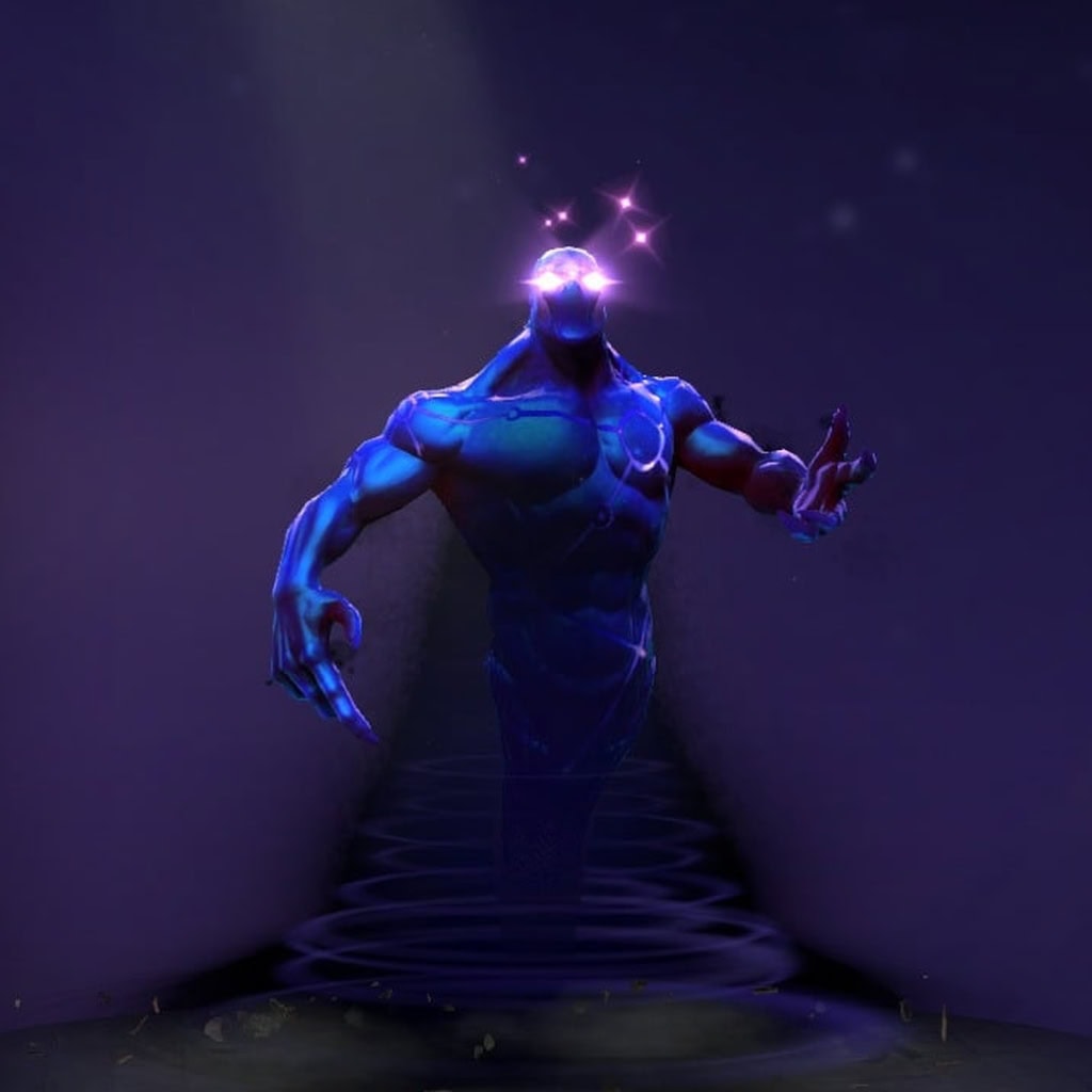 The default skin of Enigma, shown for comparison with The Arts of Mortal Deception set. This highlights the transformation into a cosmic entity with swirling deep blue and violet robes, ornate golden armor, a jeweled turban, masked visage of purple energy, and a pulsating umbral core.